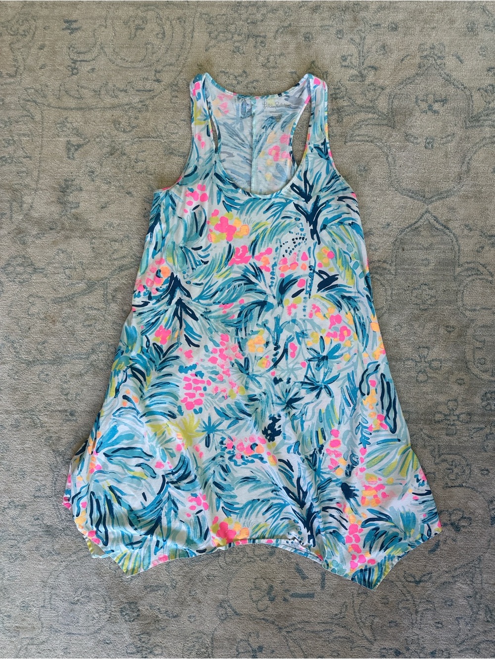 Lilly Pulitzer Tropical Swing Dress XS Blue Pink Pima Cotton Racerback Flowy